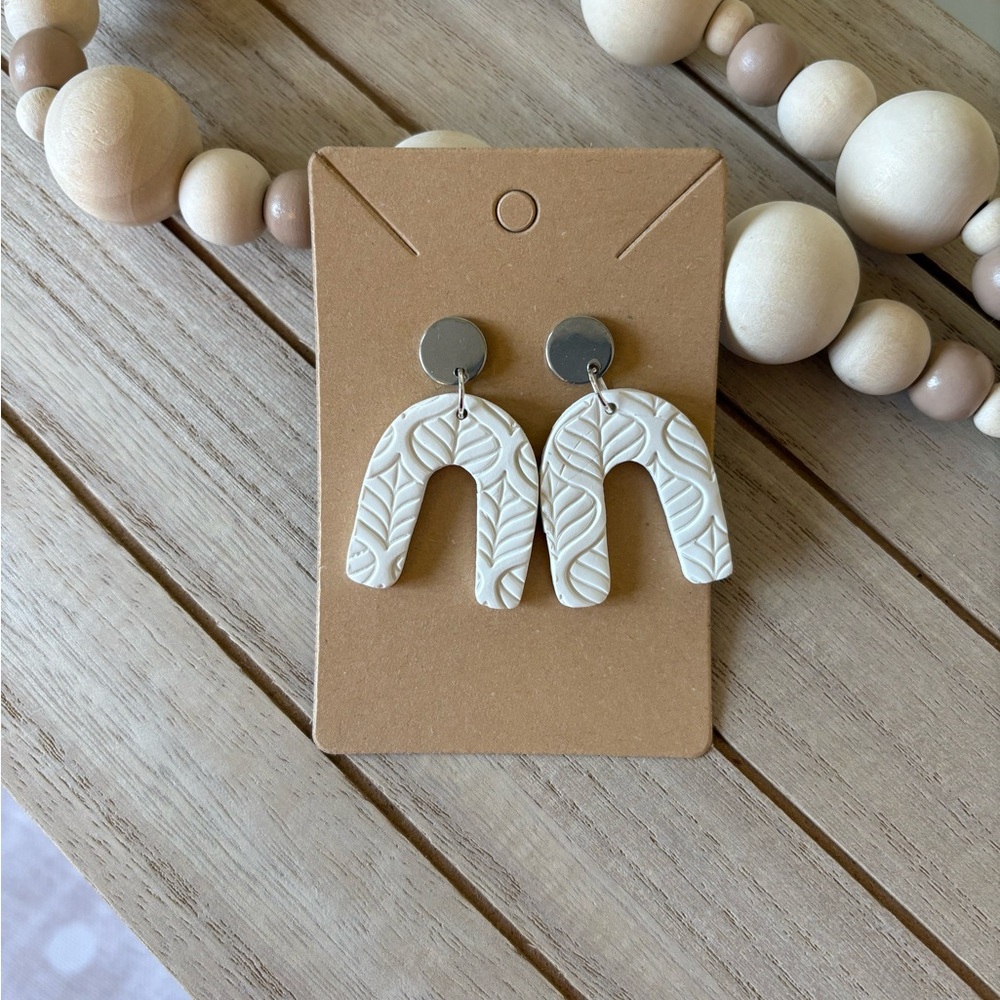 Handmade White Clay Dangle Earrings - Leaf Texture, Minimalist Arch Design